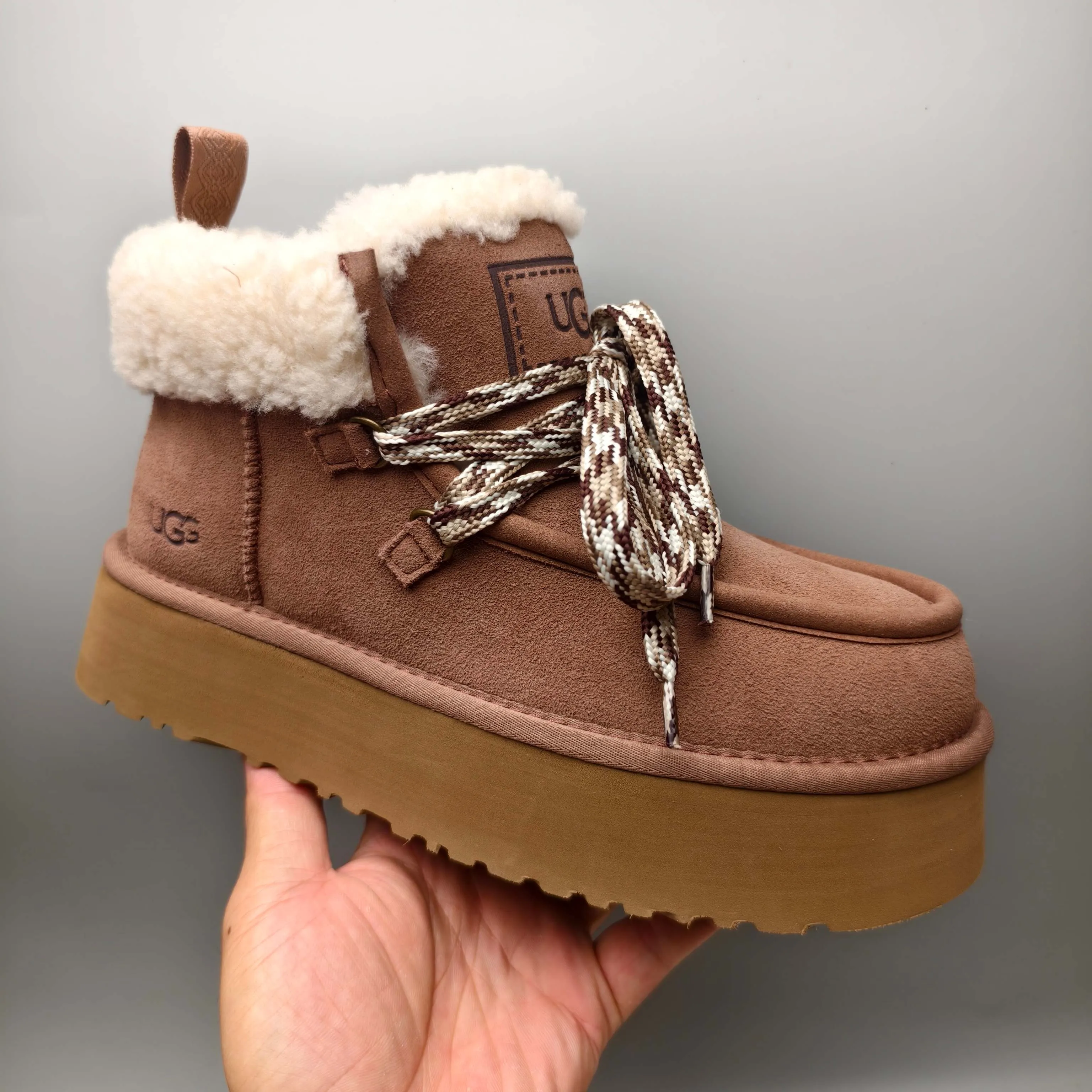 💰560 UGG sheepskin all-in-one snow boots 3954 thick-soled lace-up women's boots Color: Maroon Black Chocolate Brown Gray Size: 35-41